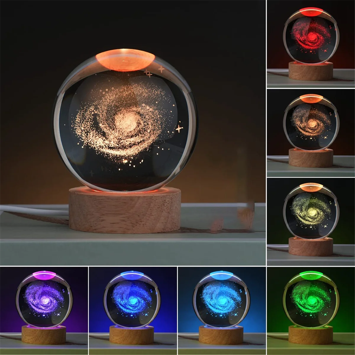 Crystal Color Night Light with Carved Crystal Ball Inside, Luminous Ornament, Starry Gift with Wooden Base,Moon